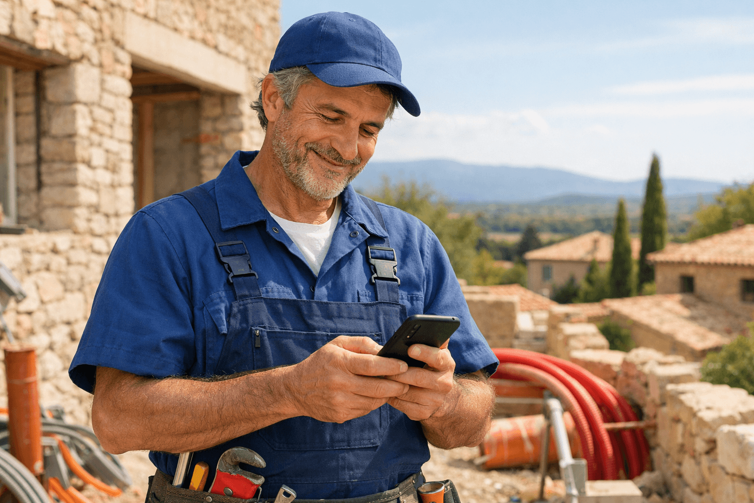 Artisan plombier satisfait sur un chantier